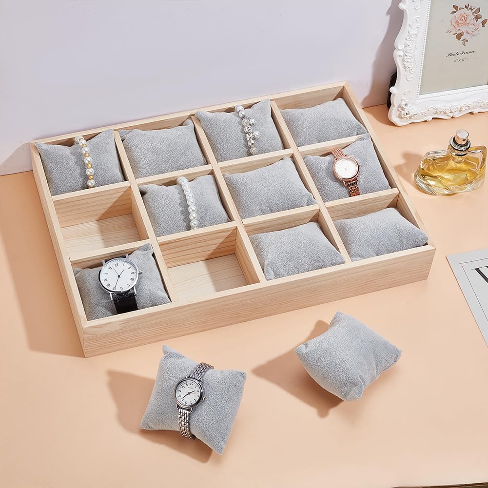 PH PandaHall Vassoio Porta Orologi In Legno con 12 slot per Espositore per Orologi con Cuscini Rimovibili In Velluto, Vassoio Porta Bracciale per Vetrina Espositiva per Orologi Da Cassetto, Grigio