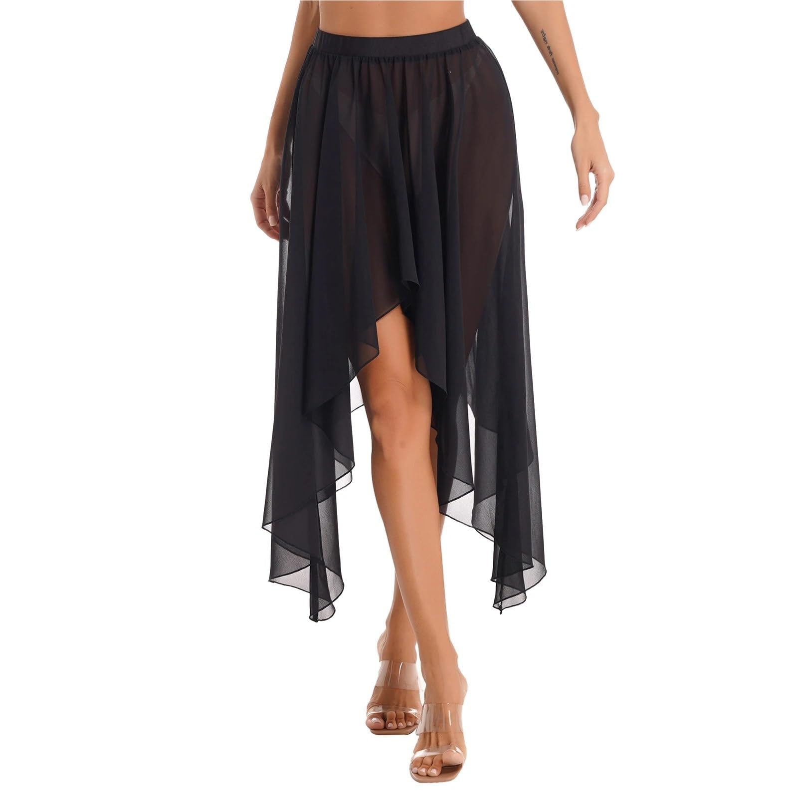 TRRYUIP Belly Dance Skirt Women Chiffon Belly Ballroom Dance Dancewear Elegant Mid-Long Latin Asymmetrical Hem Skirts(Black A)
