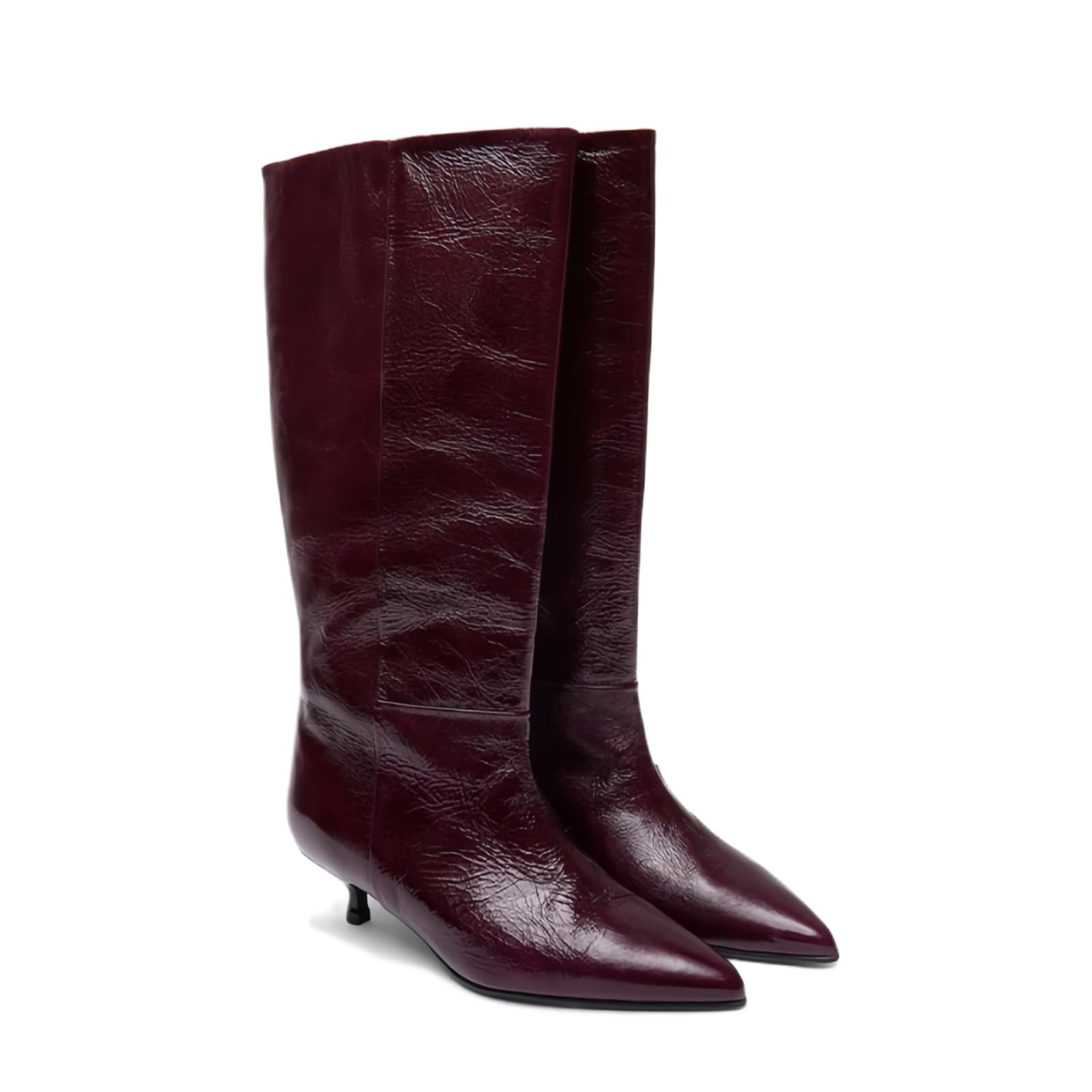 Kitten Heel Knee High Boots for Women Pointed Toe Leather Tall Boots Wide Calf Stiletto High Heeled Boots