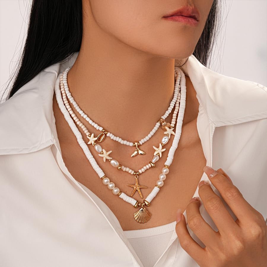 Shell Necklaces for Women - 18k Gold Plated Starfish Seashell Charm Necklace Adjustable Beachy Stackable Necklaces for Women Elegant Ocean Gift - Image 2