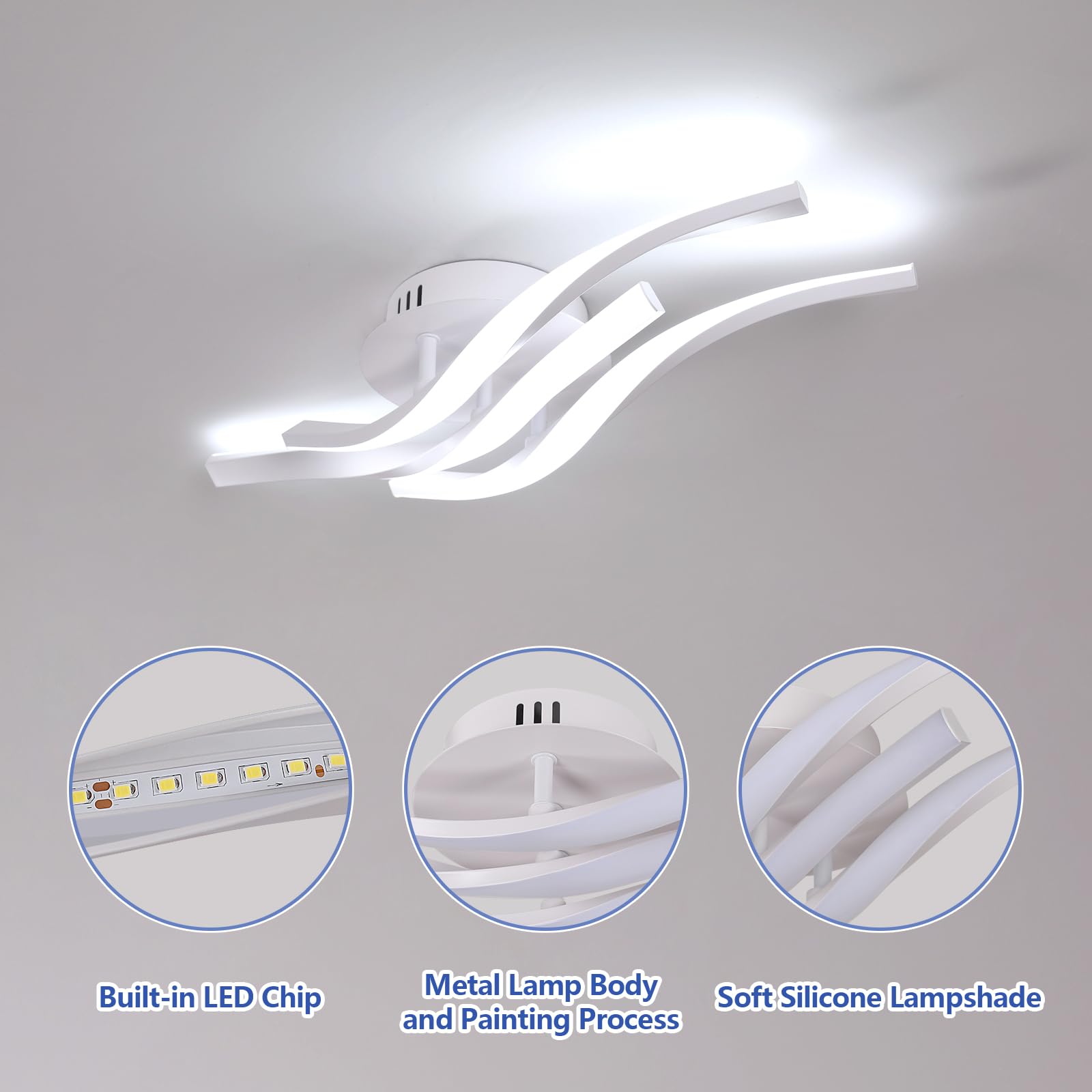 Comely Plafoniera LED Soffitto, 24W 2700LM Alluminio Lampadario Moderna con 3 Luci Curve, Luci a LED per Soggiorno, Cucina, Corridoio,Camera da Letto Luce Bianca Fredda 6500K, Lunghezza 52cm