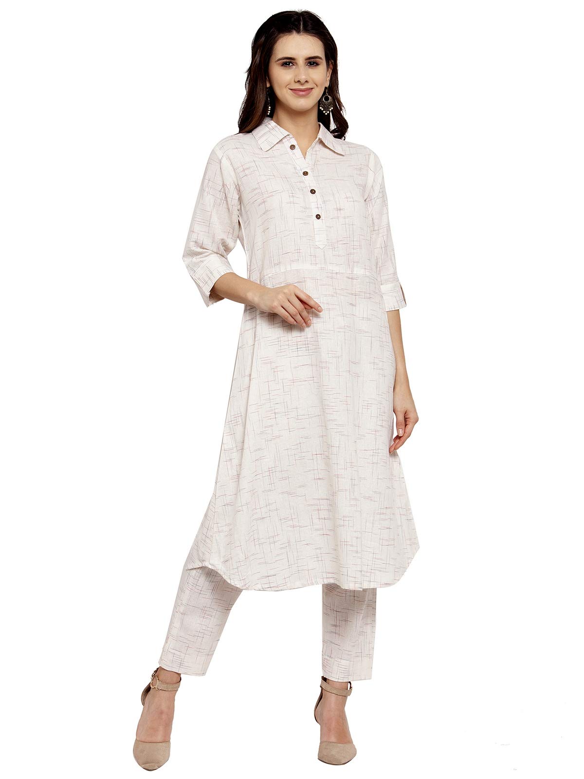 White Shirt Collar A-Line Cotton Kurti with Culotte