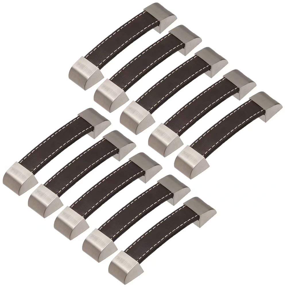 10 Stück Schranktürgriffe Handgefertigte Ledergriffe für Koffer Schwarze Knöpfe Kommodenschubladengriffe Küchengriffe Aus Pu-Leder Lochabstand 128 mm (Braun)