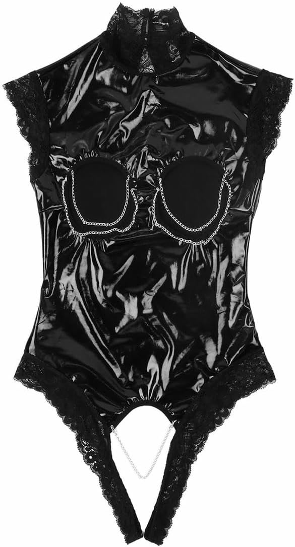 Lingerie Women Leather Jumpsuit High Cut Crotchless Open Leotard Wet Look Sleeveless Underwear