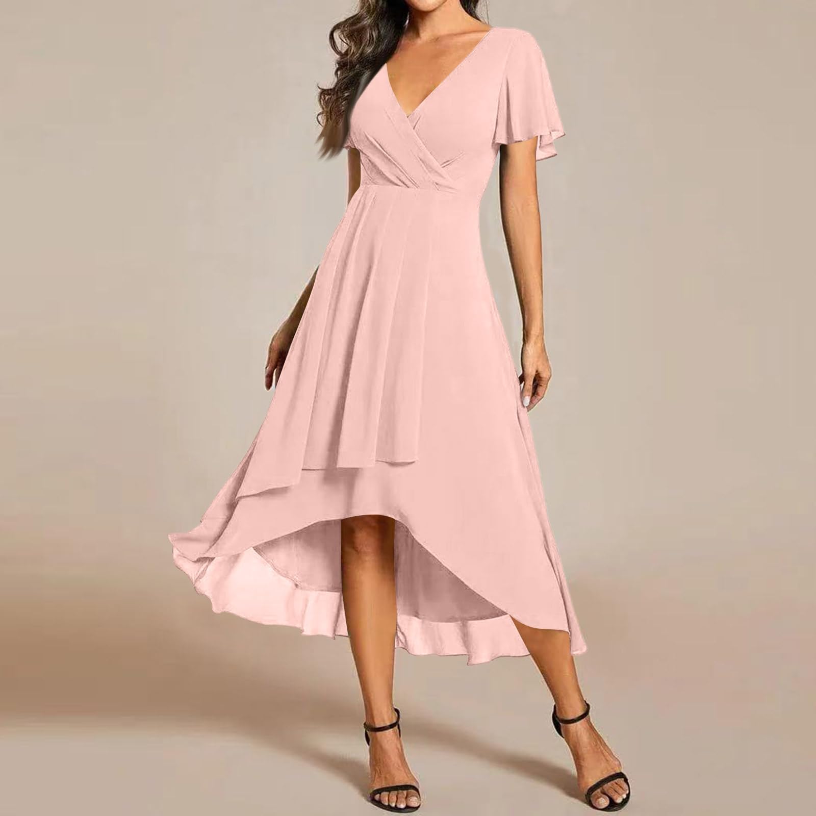 Generisch Damen Abendkleider V Ausschnitt Rüschenärmel Chiffonkleid Knielanges Abendkleid Hochzeit Sgastkleid Elegant für Hochzeit High Low Festliche Kleider Vokuhila Brautjungfernkleid