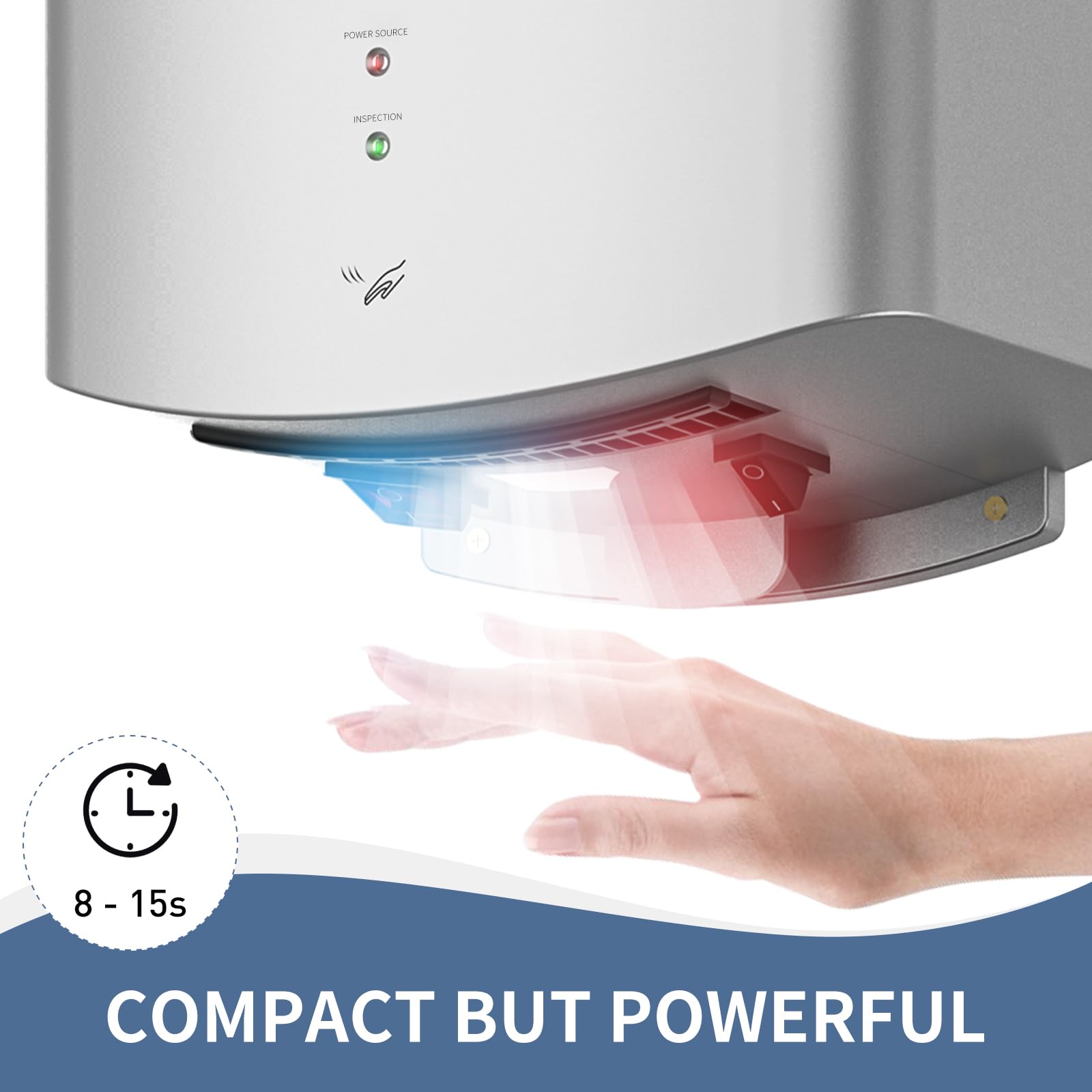 interhasa! Händetrockner automatischer Infrarotsensor handtrockner leise Gewerbe und Haushalt 1250W（Silber）