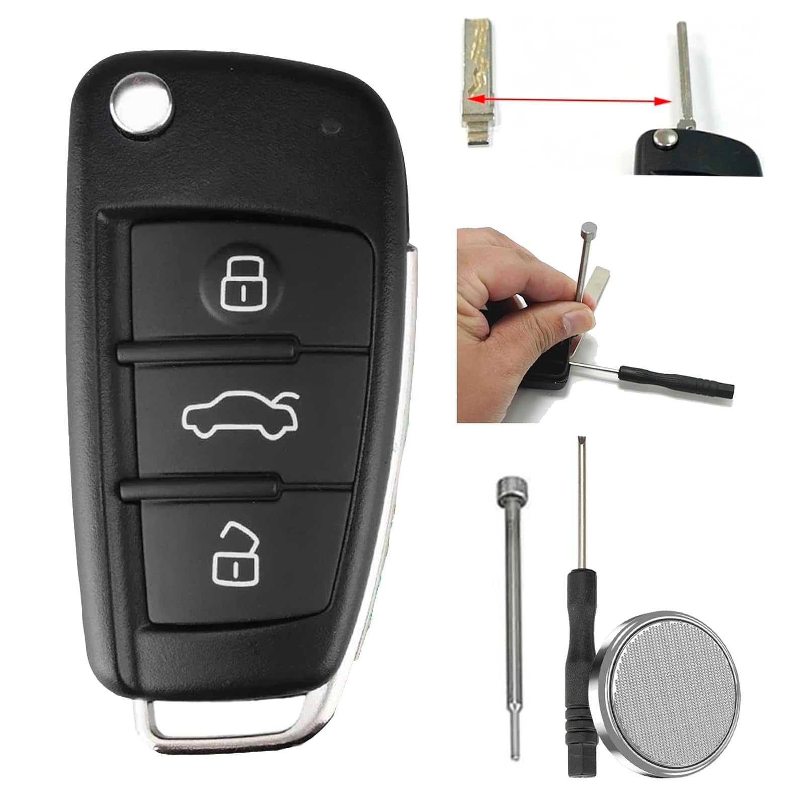 3 Buttons Flip Key Fob Case for Audi A3 A4 A6 A6L A8 Q7 TT S3 S4 S6 Quattro Entry Remote Fob Battery CR2032 &Pin Removal Tool with uncut blade