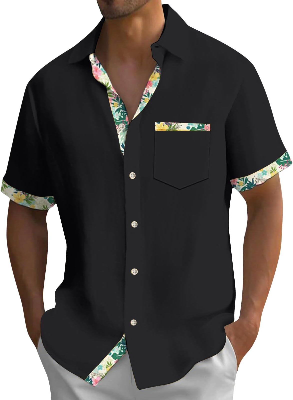 Hawaiian Shirt for Men Stretch V Neck Aloha Shirts Button Down Short Sleeve Blouse Tropical Blouses with Pocket