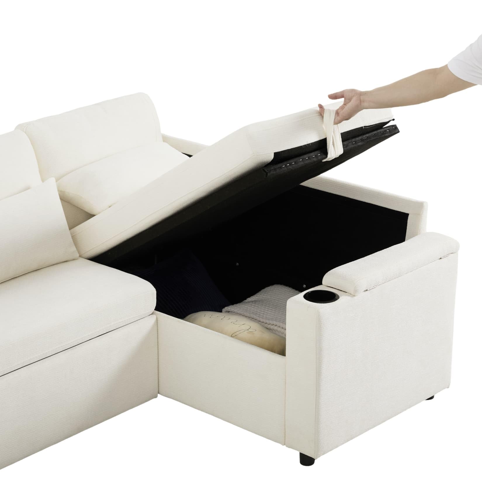 PUGSDRLY Canape Dangle Convertible 4 Places,Canapé Lit avec Port USB,Plateau D'accoudoir,4 Coussins,Porte-gobelet,Chenille,pour Salon Bureau Appartement (D-Beige)