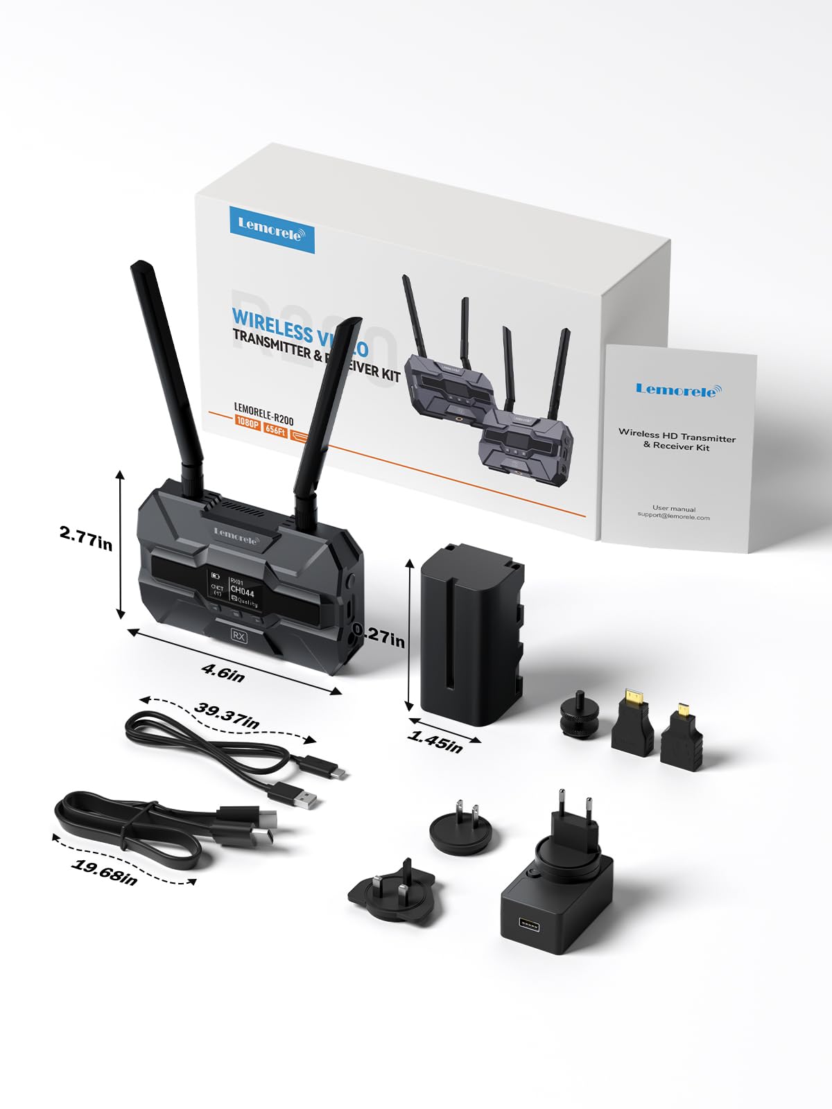 Lemorele Ricevitore HDMI Wireless FHD 200M con batteria da 4400mAh per kit R200, supporta fino a 4 ricevitori (RX) con 1 trasmettitore (TX)