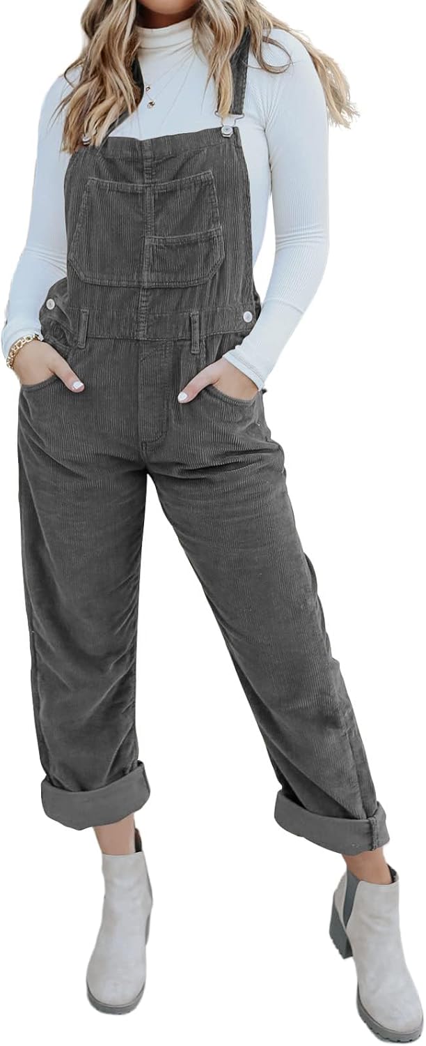 Onedreamer Women's Corduroy Overalls With Adjustable Straps, Baggy Bib Jumpsuit, Casual With Pockets