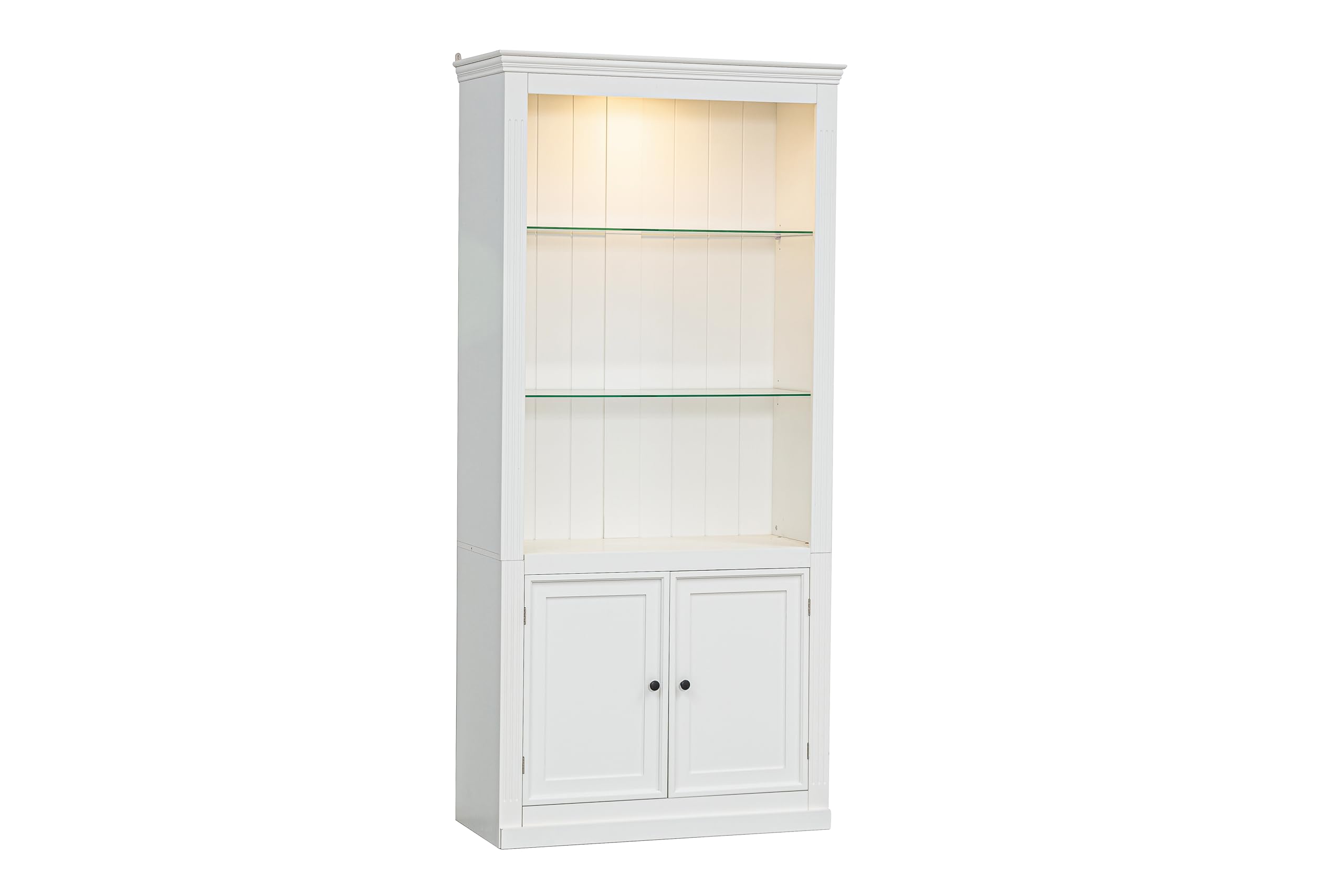 78.75'' Tall Display Shelves with 5 Colors Adjustable LED Ceiling Light, Retro-Style Bookcases with Tempered Glass Shelves for Living Room, Home, Office, Studio or Workspace, White