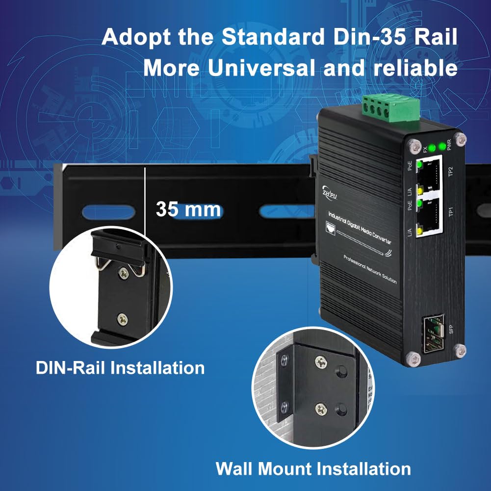 Mini convertisseur de média à fibre Gigabit industriel à 2 ports prenant en charge l'installation sur rail DIN, commutateur à fibre IEEE 802.3af/at 30 W PoE+ avec 2 ports RJ45 et 1 port SFP, entrée