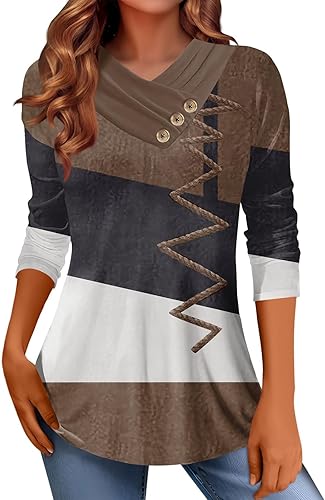 Camisetas con cuello en V sesgado para mujer, otoño, verano, bloque de color, geometría, gráfico, ajuste relajado, camisetas largas para mujer, 2024