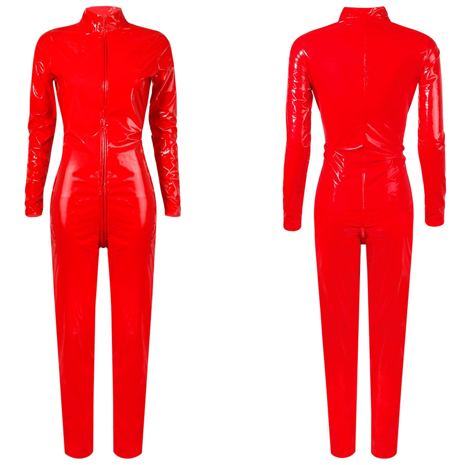 Femme Sexy Body Cuir Vernie Catsuit Wetlook Combinaison Fermeture Éclair Outfit Mono Manches Longues Une Pièce Lingerie Tenue Moulante Brillant Clubwear Disco Soirée Dansante S-XL