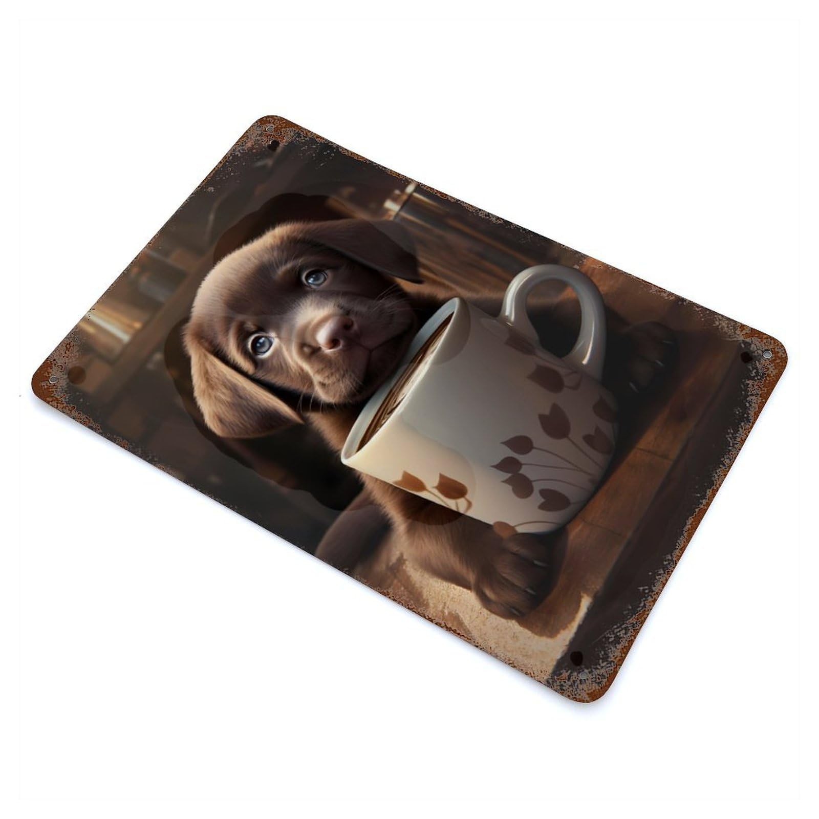 Labrador Dog Puppy Coffee Rusty Metal Tin Sign 11.8"x7.9", for Basement, Hobby Room And Garage Decor, Retro Wall Decor
