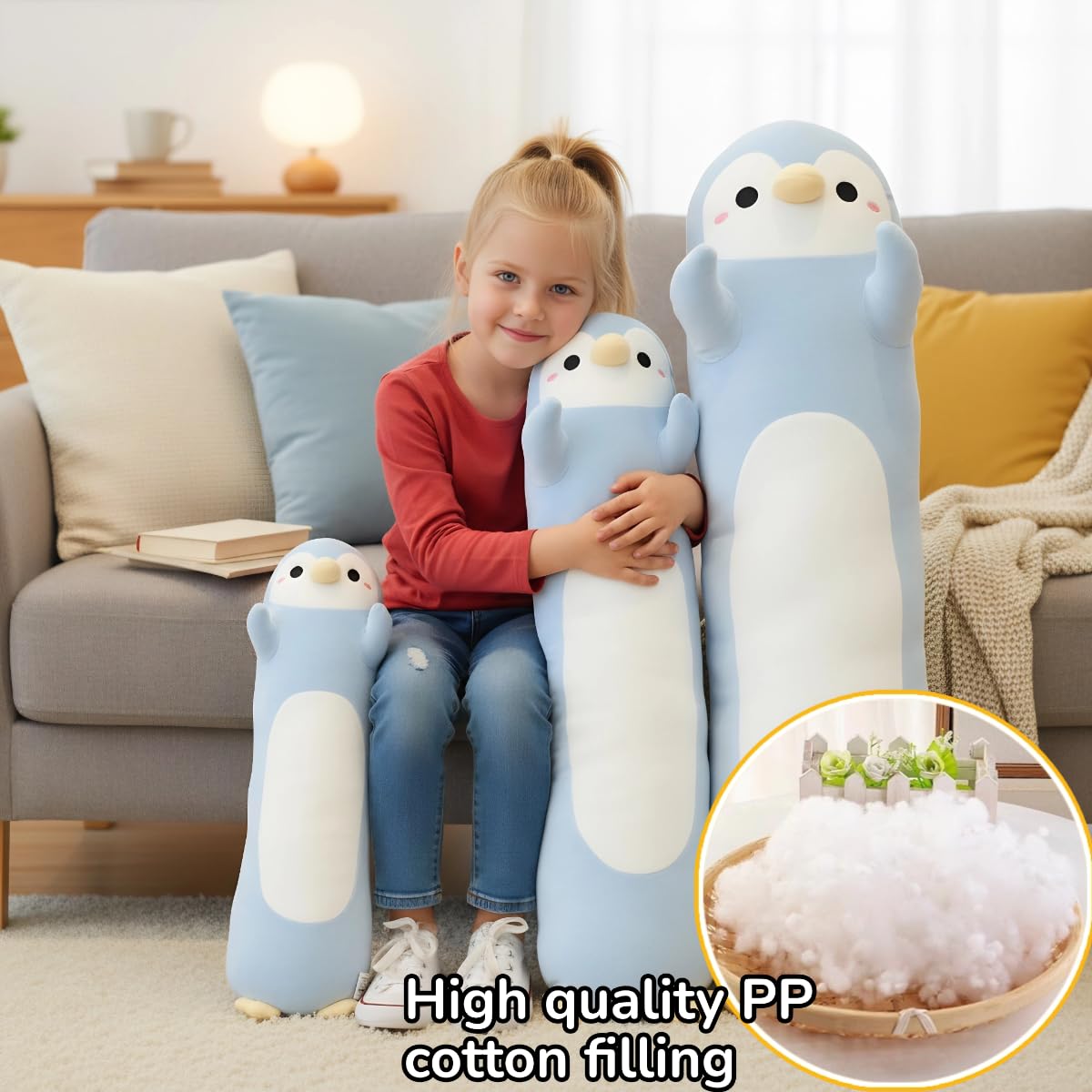 Pinguino, morbido peluche lungo pinguino da abbracciare, grande cuscino per bambini, regalo di compleanno per ragazzi e ragazze (blu chiaro, 110 cm)