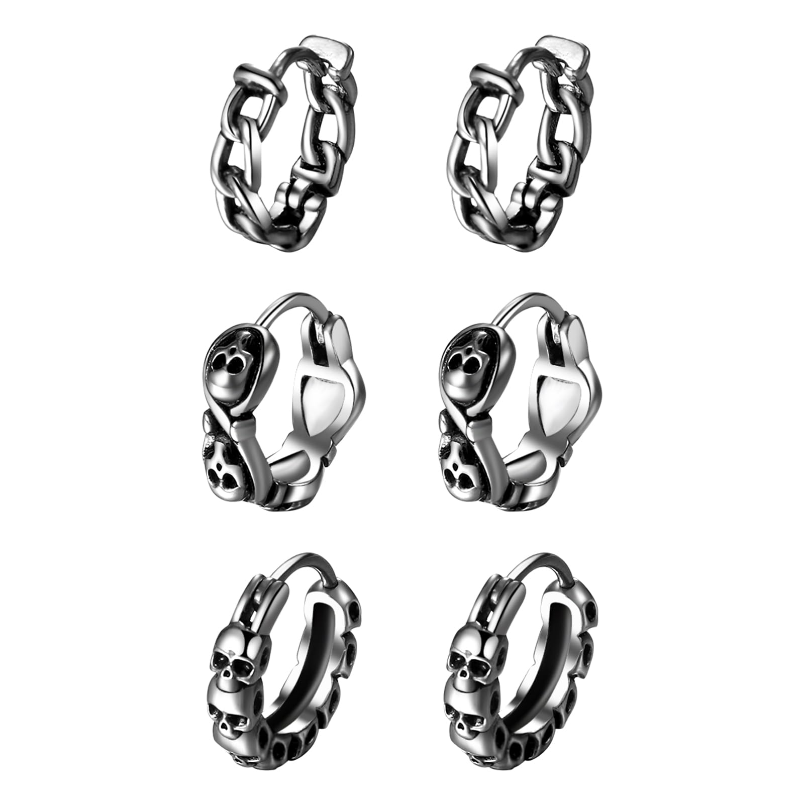 Aroncent Gothic Punk Huggie Earrings: Stainless Steel Spike and Skull Hoops Set - Alternative Piercing Jewelry for Men and Women