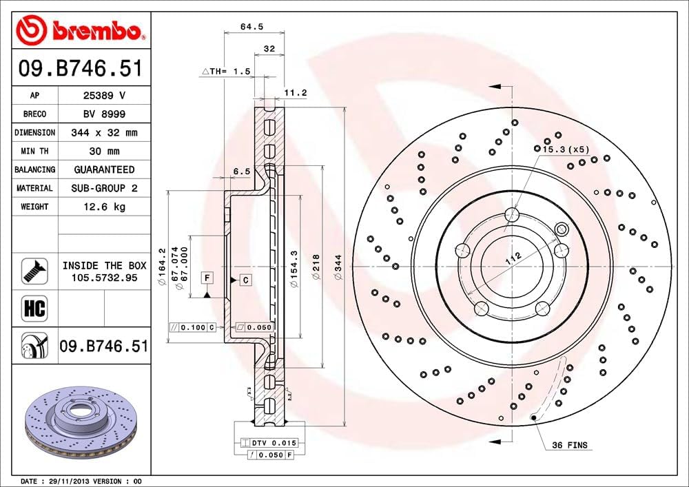 Brembo 09.B746.51 UV Coated vented drilled Front Brake Rotor MERCEDES-BENZ/MERCEDES-BENZ (BBDC) OE# A0004211512