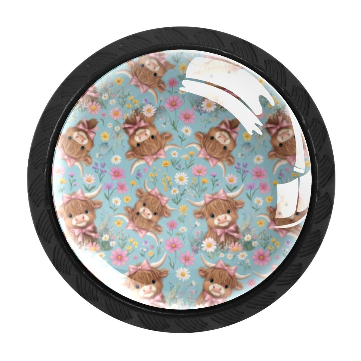 4 PCS Cabinet Knobs, Highland Cow Daisies Drawer Knobs Dresser Handles