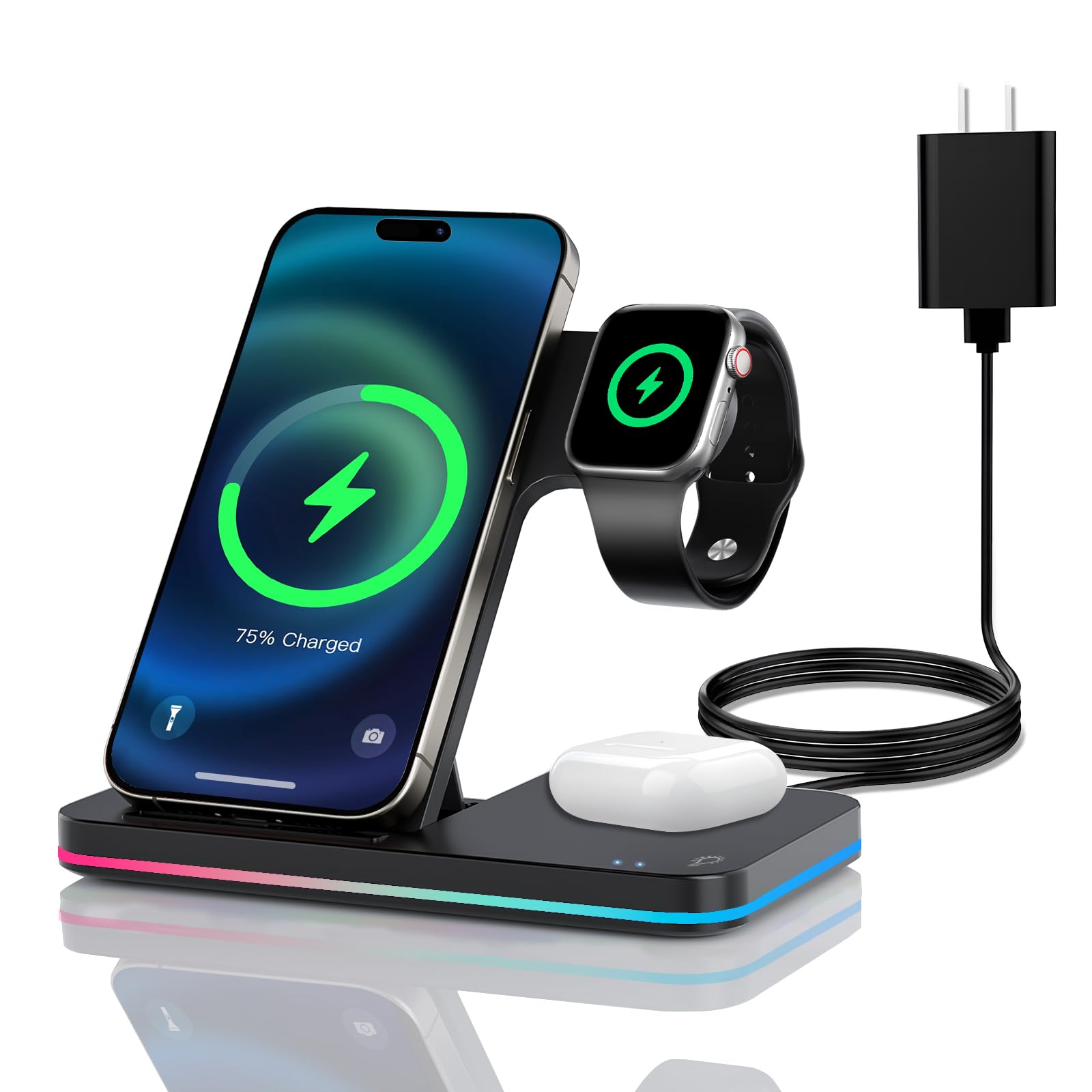 3 in 1 Charging Station Wireless Charger iPhone Fast Charger Foldable Charging Stand for Apple Multiple Devices with an 18 W Quick Charger for iPhone 16/15/14/13 Pro Max Apple Watch AriPods Pro 2
