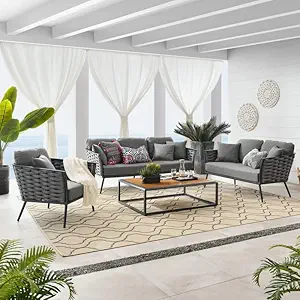 DEVOKO Patio Furniture Set, 4 Pieces For Porch Backyard Garden Outdoor Furniture Rope 4 Seater Sofa With Wooden Top Table Premium Conversation Set With Washable Soft Cushion In Grey Color