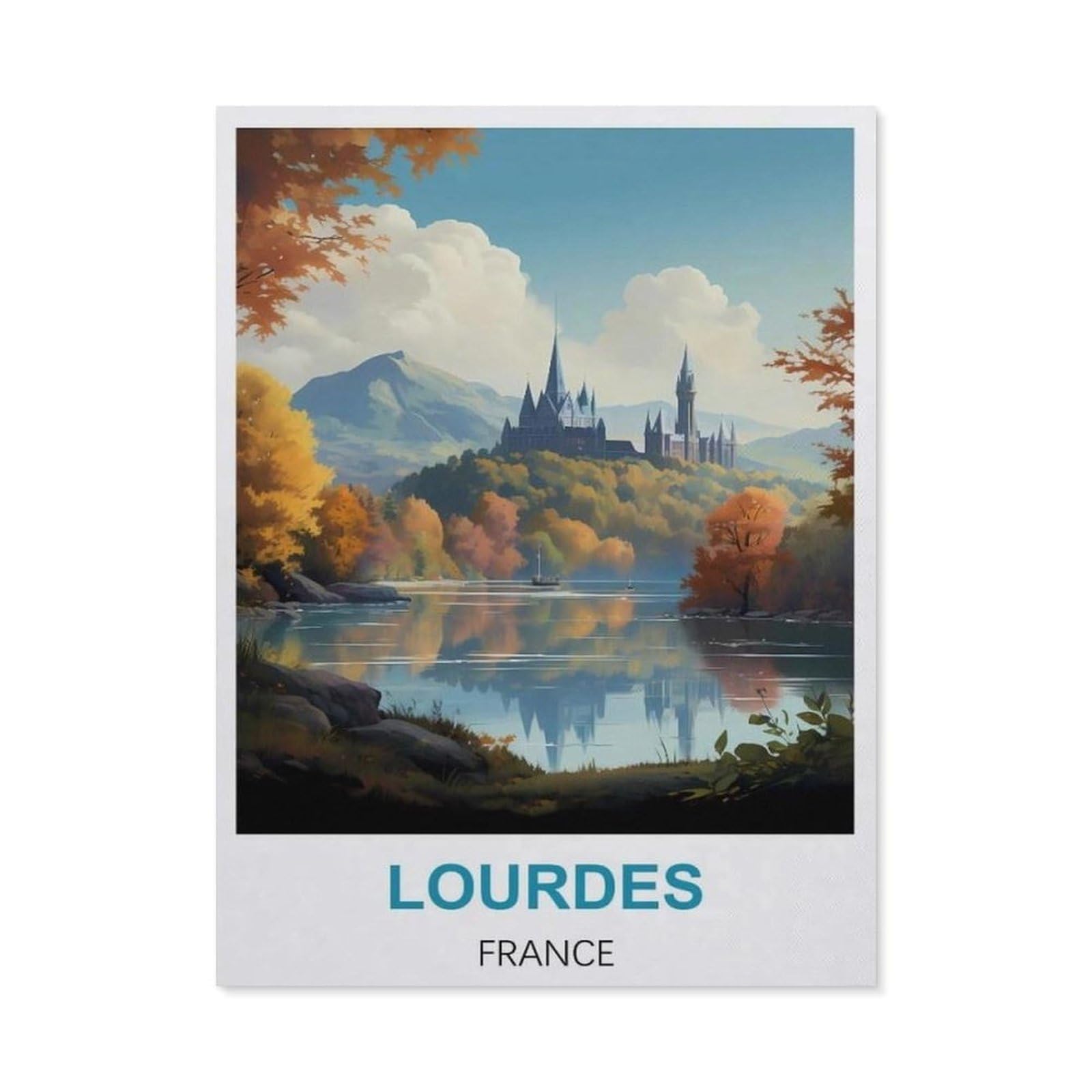 BEAYODKP 5D DIY Full Round Drill Diamond Painting，Lourdes France Vintage Travel Poster，Embroidery Full Round Diamond Cross Stitch Rhinestone Mosaic Decor Gift（50 x 60 cm/19.68 x 23.62 inches）-BZ83