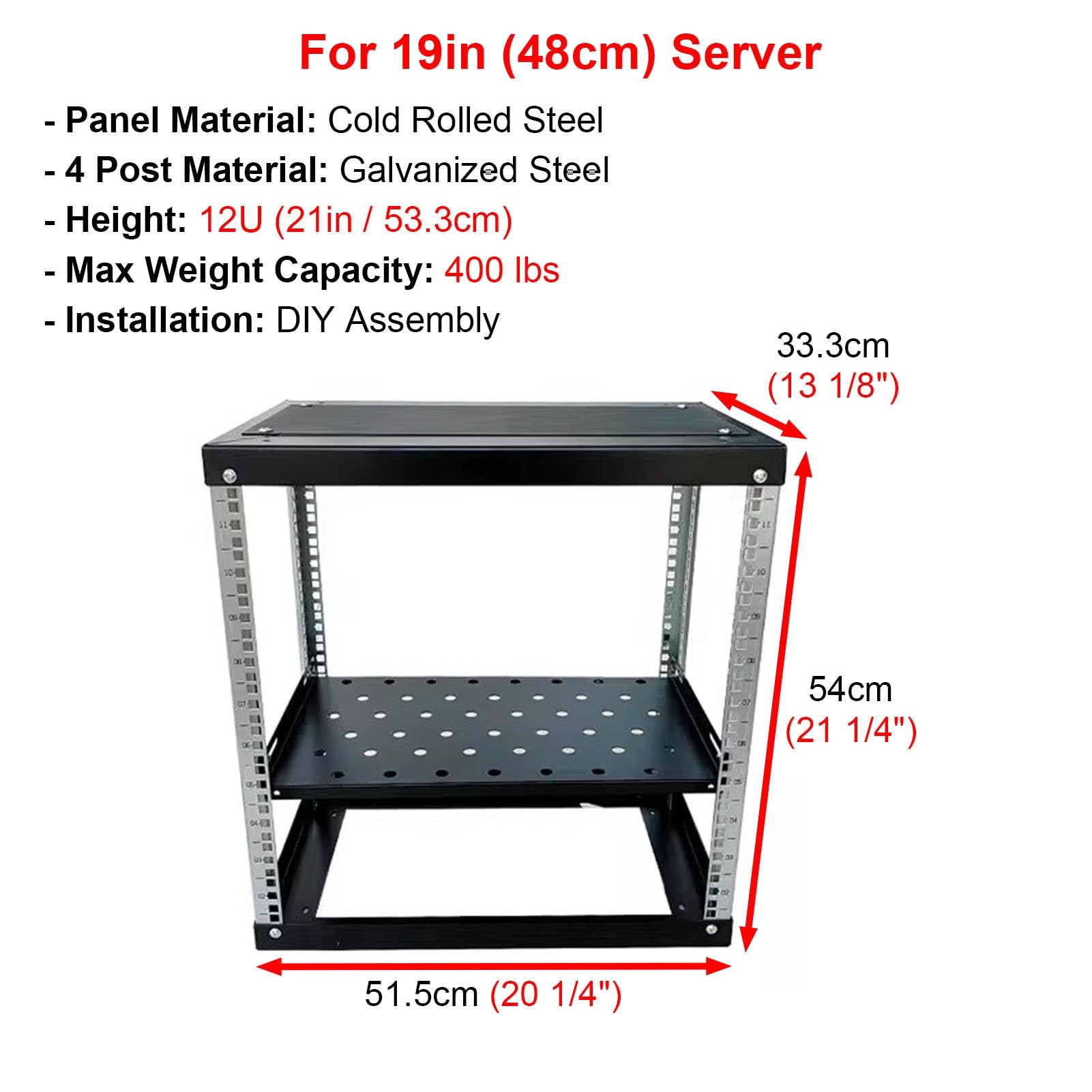 Rack di Rete a Telaio Aperto Rack di Rete a Telaio Aperto 12U con Ripiani Ventilati, Rack in Metallo per Server e Apparecchiature 48 cm, Scaffale per Data Center di Rete(2 tier,D 33.3cm (13 1/8"))