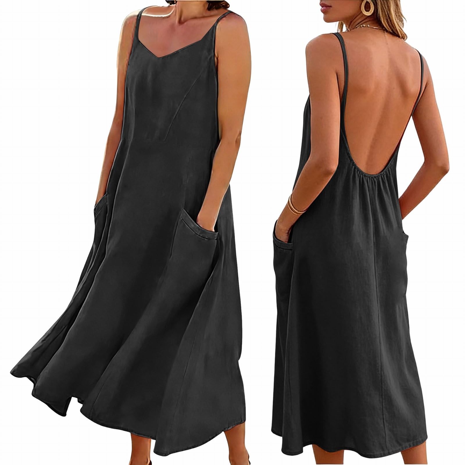 Vestido largo de espalda descubierta mujer elegante tirantes finos maxi vestidos | Vestido de verano para mujer, a la moda, color liso, sin mangas, suelto, con bolsillos, vestido de verano