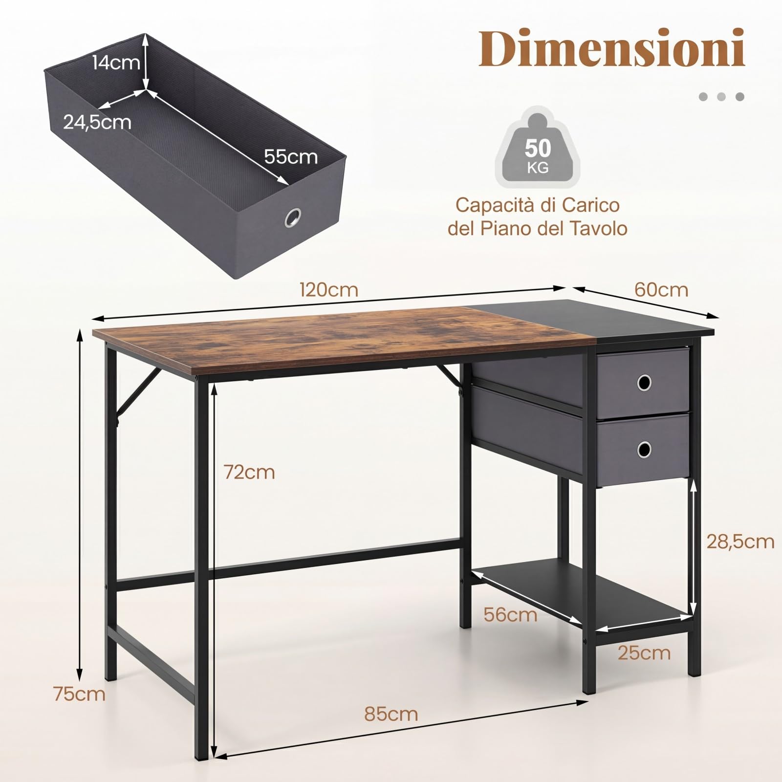 COSTWAY Scrivania per Computer, 120 x 60 x 75 cm, Scrivania Ufficio con 2 Cassetti e Ripiano, Tavolo Postazione di Lavoro, Studio e Lettura, Scrittoio Salvasapzio in Legno e Metallo (Marrone)