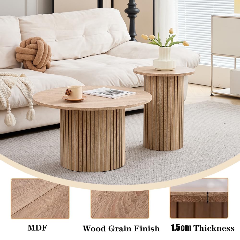 Lot de 2 Tables Basses Rondes en Bois, Table D'appoint Moderne avec Base à Colonne Romaine pour Salon, Balcon et Chambre (Grain de Bois Naturel)