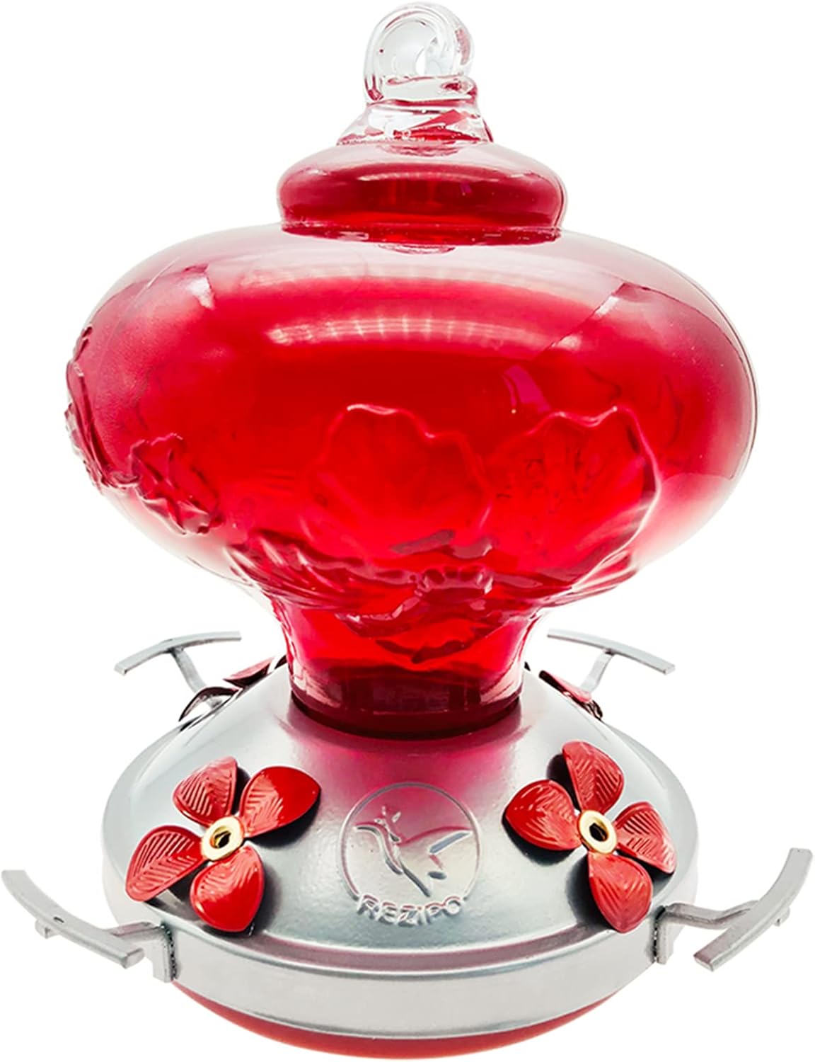 REZIPO Hummingbird Feeder with Perch Hand Blown Glass Red 22