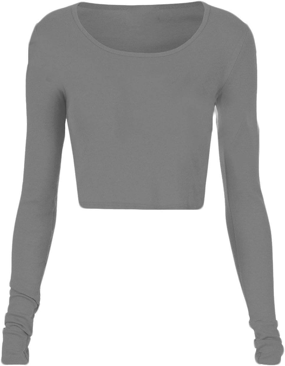 Fashion Womens Long Sleeve Crop Top Round Neck T Shirt Blouse (M, Grey)