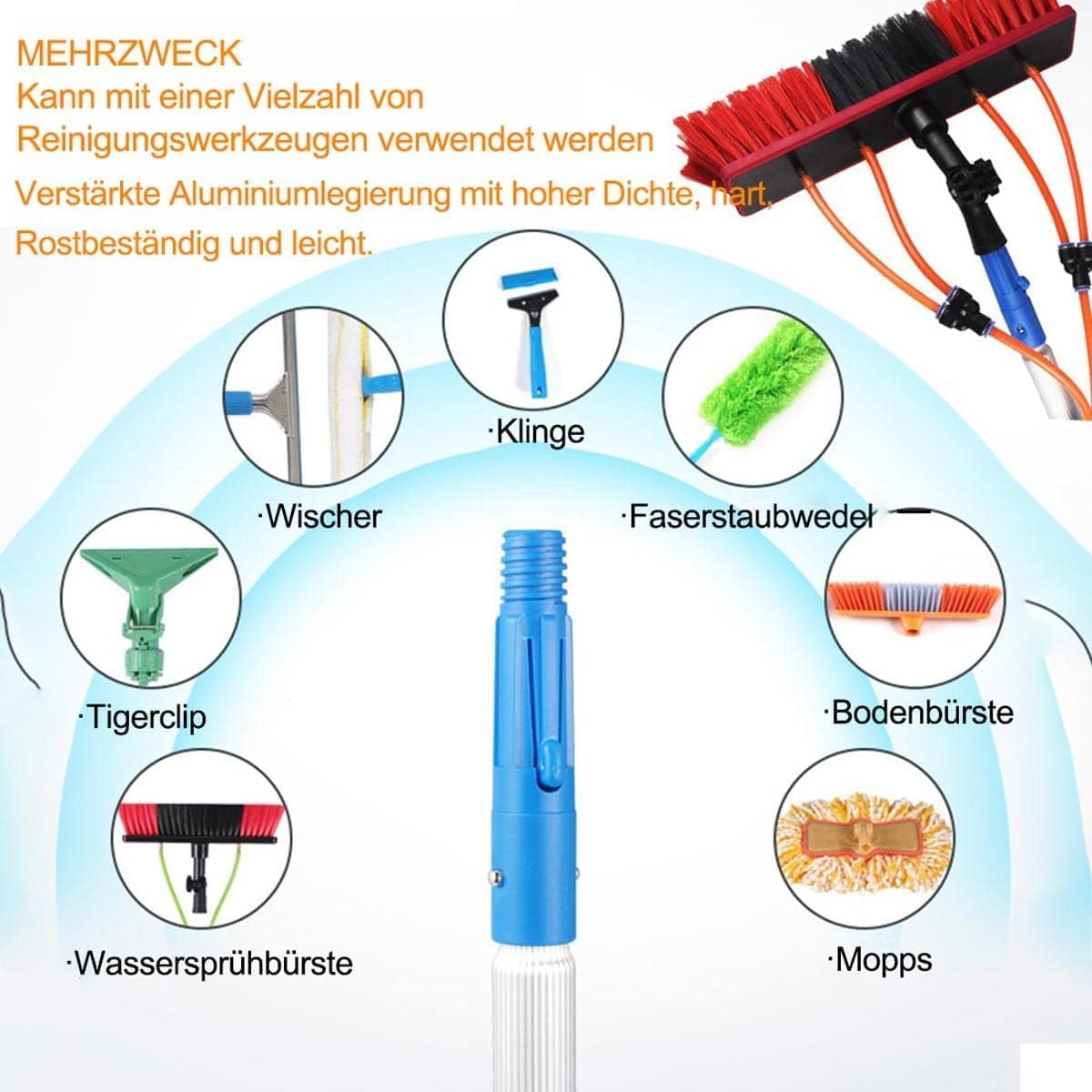 Asta Telescopica con Spazzola da 55 Cm, Asta Telescopica Portante Acqua, Pulizia Impianto Fotovoltaico, Set per La Pulizia dei Pannelli Solari, Strumento per Il Lavaggio All'aperto, Aste, 9m