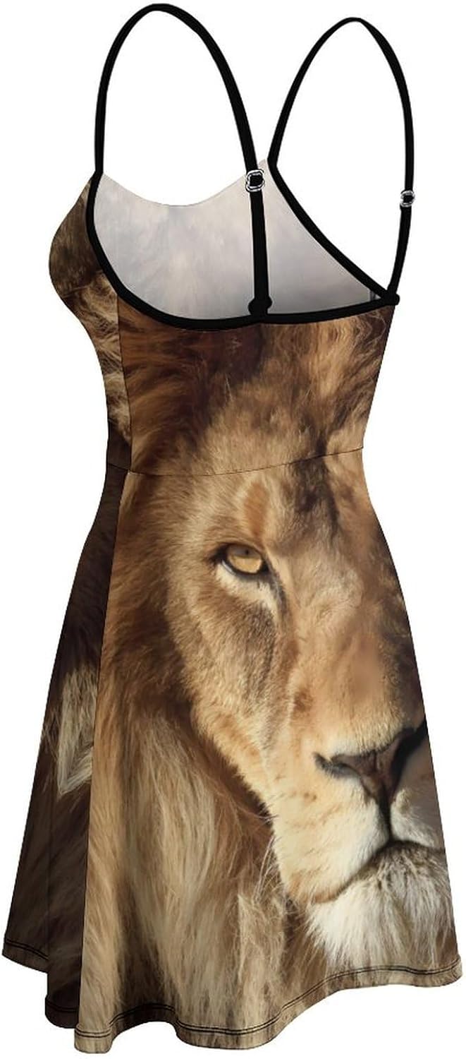 Lion Short Cami Dress for Women Adjustable Spaghetti Strap Flowy Sundress Beach Vacation