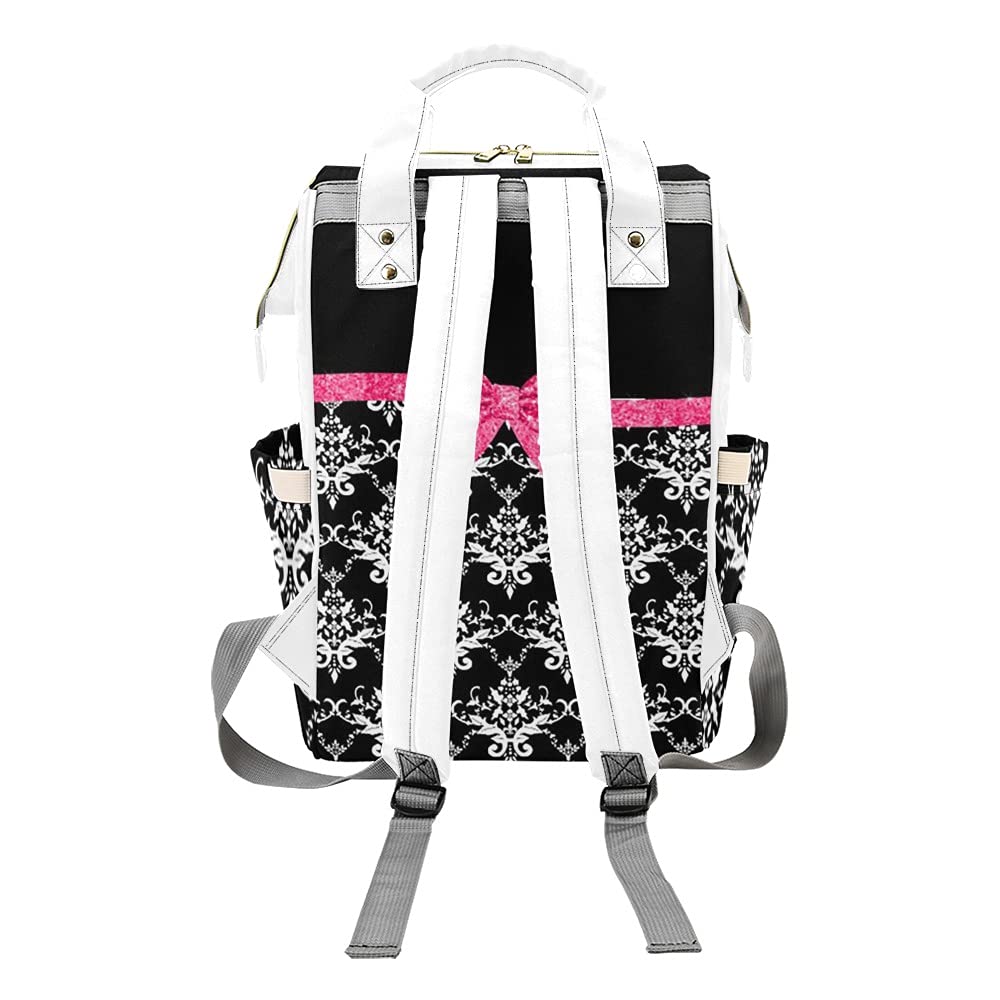Black White Damask Pink Glitter Bow Diaper Bag Backpack with Name for Men Women Custom Personalized Nursing Baby Bags Shoulders Travel Bag Daypack