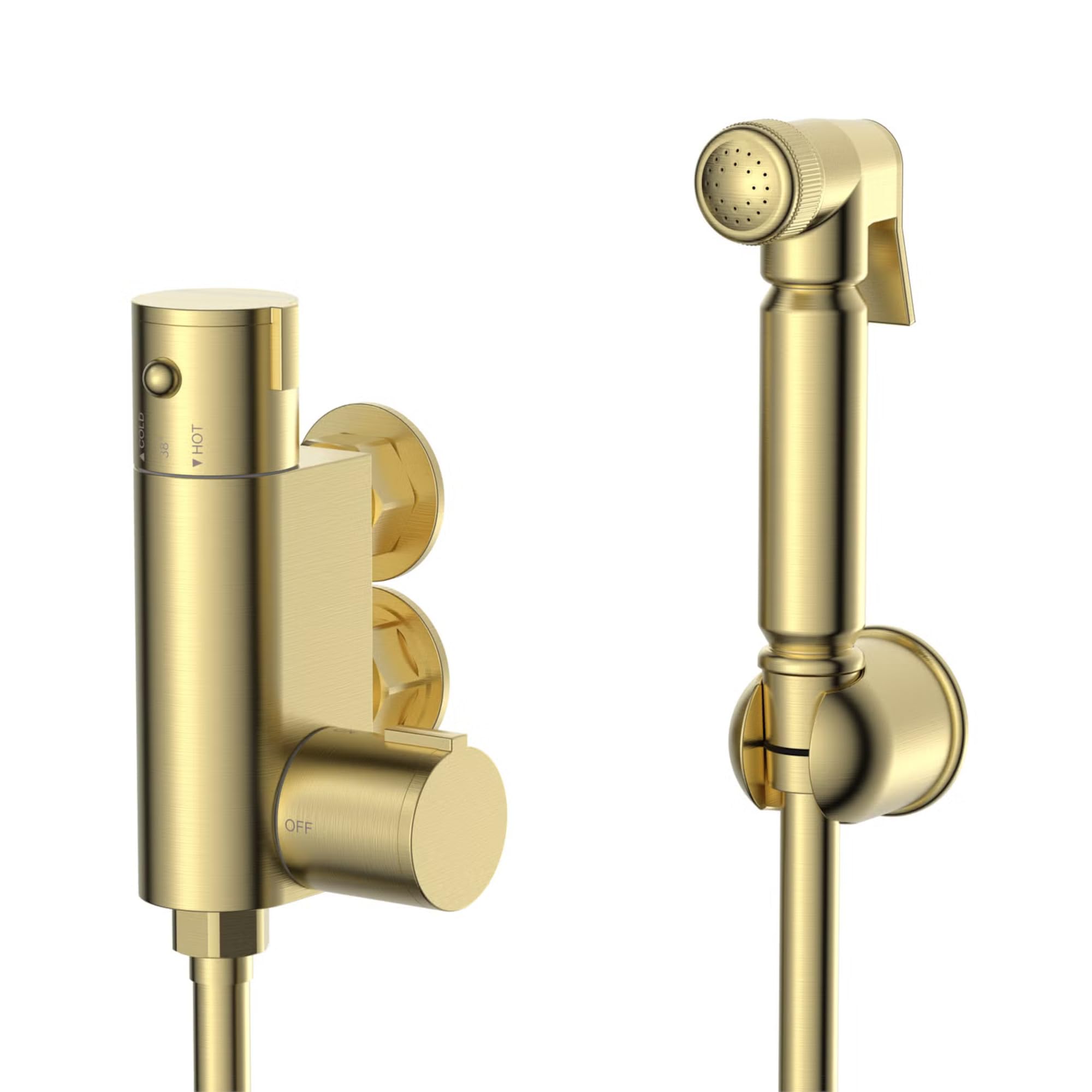 Enki Brushed Brass Vero, Sh0626, Round Douche Thermostatic Bar Valve With Shower Spray Kit, Anti-Scald Device, Constant Temperature 38 Degrees, 1-Year Guarantee