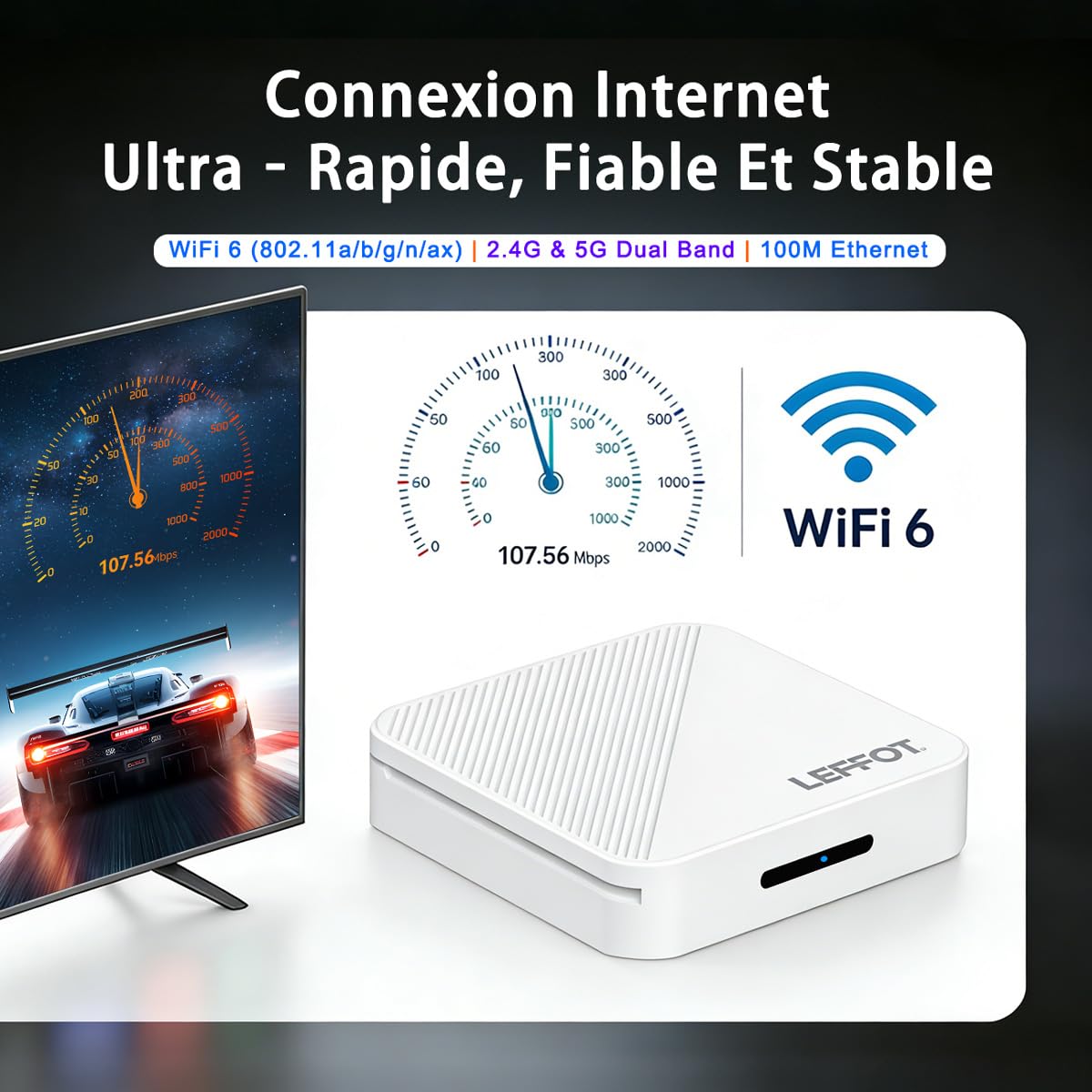 Android 14.0 TV Box 2026, 2Go RAM + 16Go ROM, LEFFOT H313 4K Ultra HD Boitier IP-TV pour Streaming, Support 2.4/5G WiFi 6, 100M Ethernet, Contrôle Vocal, BT 5.4, USB 3.0, HDR10, RK3518 Quad-Core A53