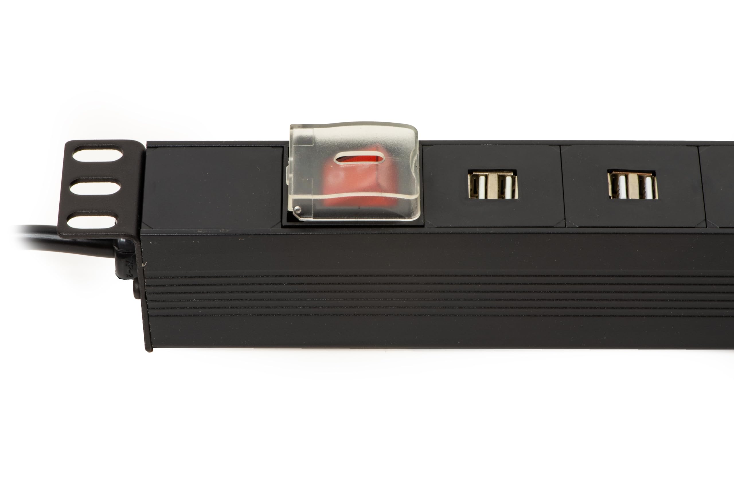 Link multipresa 1U 19" per armadi rack LK10064-12 prese USB 3,4A ricarica dispositivi mobili con interruttore LED e 6 prese universali/Schuko, metallo 1 unità, 48,5x4,5x4,5. Alette reversibili.