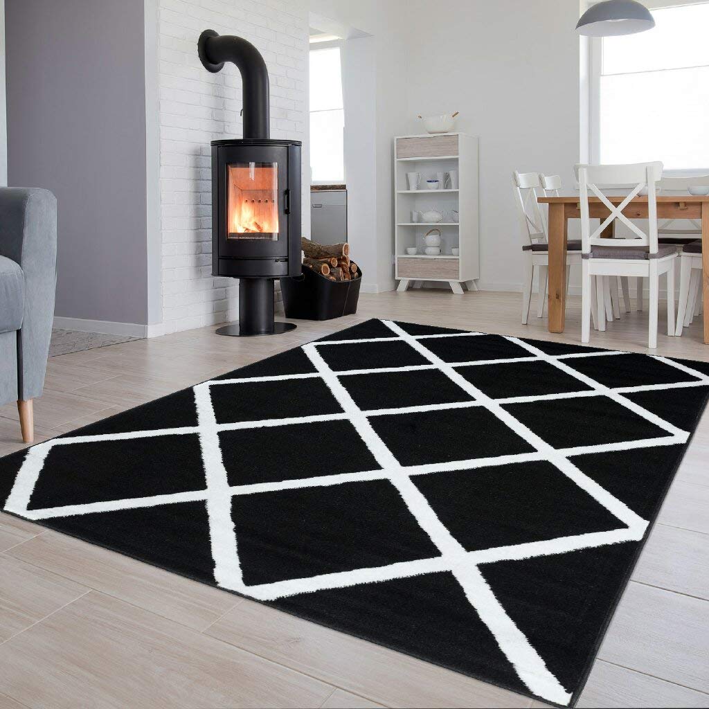 Tapiso Luksusowy dywan z krótkim włosiem, czarno-biały, nowoczesny, geometryczny, kratka, wzór w kwadrat, do salonu, Ökotex 250 x 300 cm