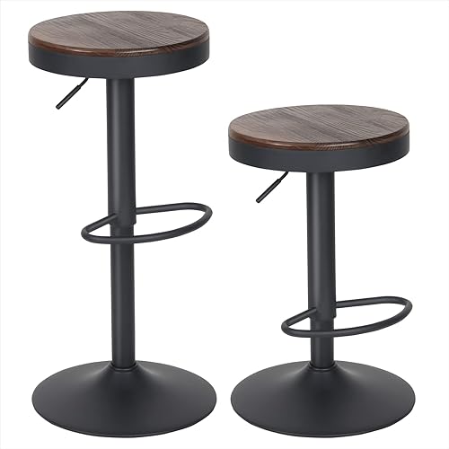 Miniatura 9 de Kidol & Shellder Juego de 2 taburetes de bar giratorios de altura ajustable, asiento redondo de madera de nogal, sillas de bar modernas sin brazos