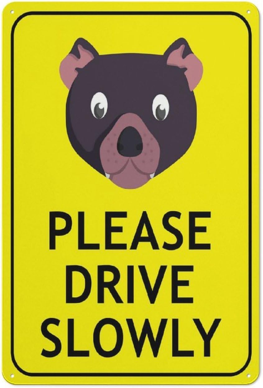 Tasmanian Devil Face Please Drive Slowly Bright Yellow Rust Free Aluminum Sign - UV Protected, Waterproof Decor with 4 Pre-Drilled Holes - 12x8 Inch​