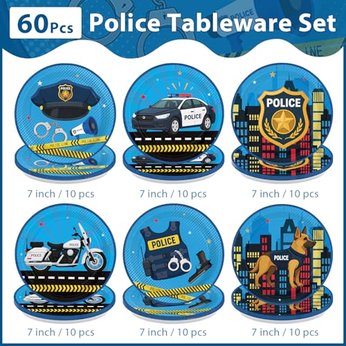 Image of 60Pcs Police Birthday Plates 7 inch Police Officer Car Heavy Duty Paper Plates