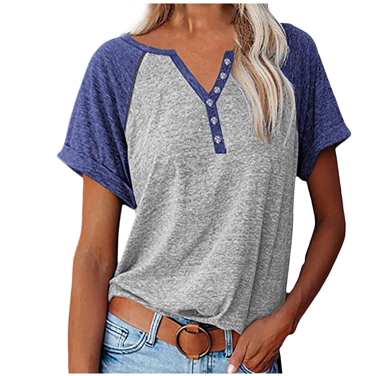 Bartira Spring and Summer Women's Short Sleeve Top Button Panel Contrast Casual Sexy Slim fit V-Neck T-Shirt