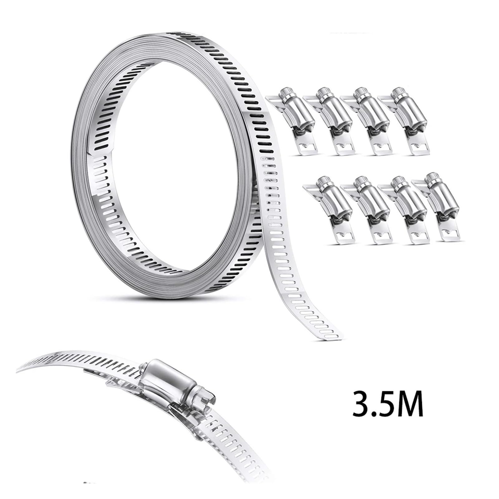 Regulowane zaciski do węży napędowych, Opaska zaciskowa ślimakowa ze stali nierdzewnej z zapięciami, srebrna, 3,5 m/5 m/10 m(3.5M with 8 Fastener)
