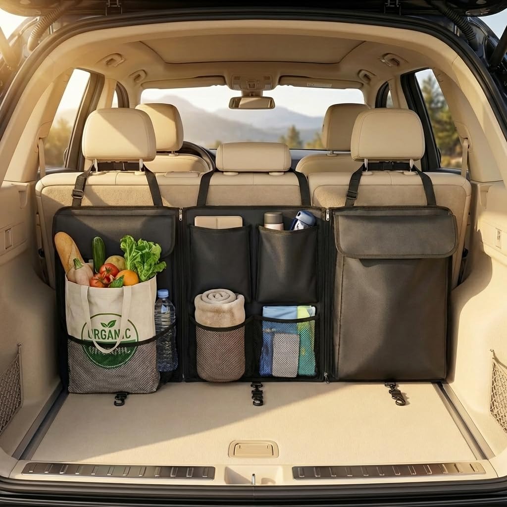 QWORK® 600D Oxford Tkanina 600D Zdejmowany składany składany organizer do bagażnika samochodowego z regulowanymi paskami do SUV-ów, MVP