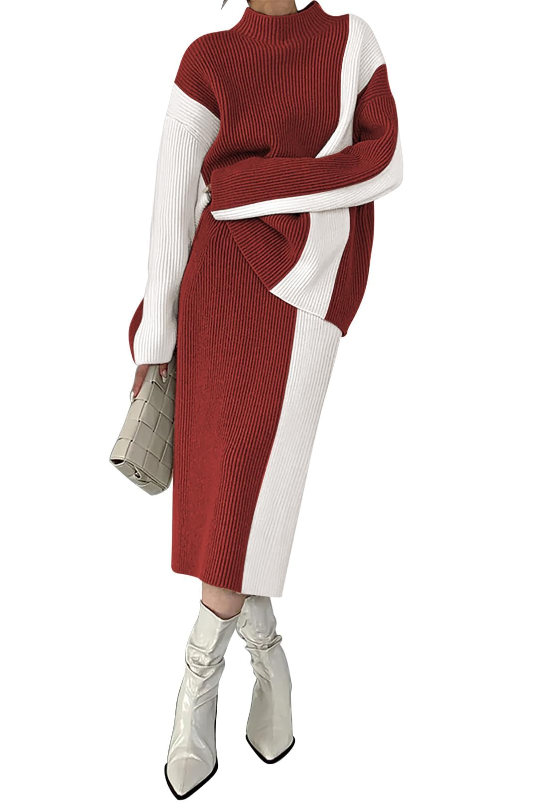 Pink Queen Womens 2 Piece Outfits 2025 Fall Winter Sweater Skirt Set Long Sleeve Oversized Top High Waist