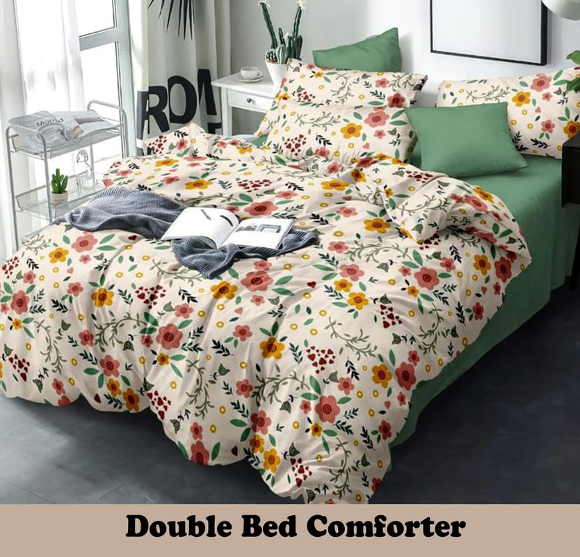 Image of Polycotton Polyester Polyfill 120 GSM Reversible Double Bed Comforter, Blanket, Queen (90x100 inch) Cream & Yellow