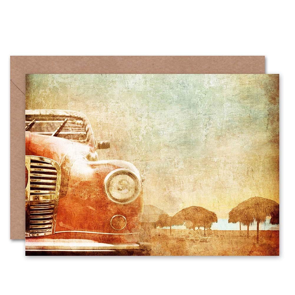 Wee Blue Coo GRAPH FADED CAR TROPICAL SETTING BIRTHDAY BLANK GREETINGS CARD