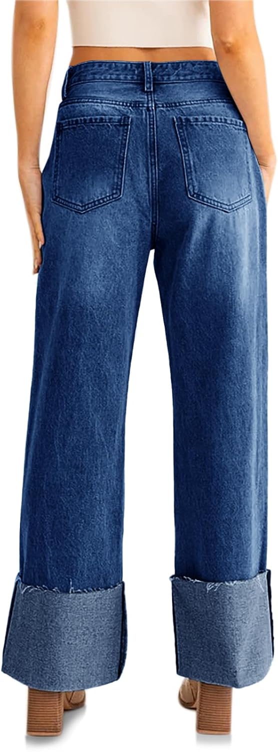 PLNOTME Womens Baggy Cuffed Jeans Casual Straight Leg Boyfriend Denim Pants with Pockets - Image 4